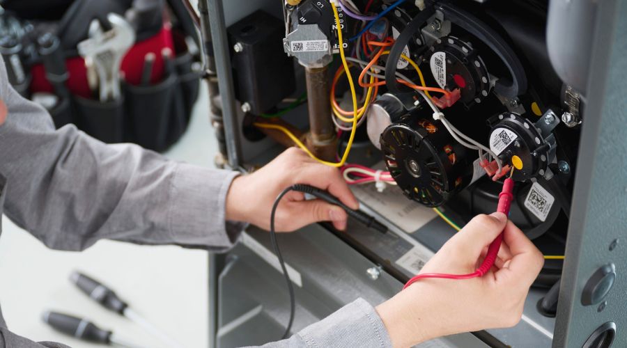 Technician inspecting and repairing a heating system, focusing on safety and maintenance to prevent hazards like carbon monoxide leaks.