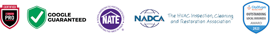 AirWorks Heating & Air Trust Bages: Google Gauranteed, Nate Certified, Outstanding Local Business, NADCA