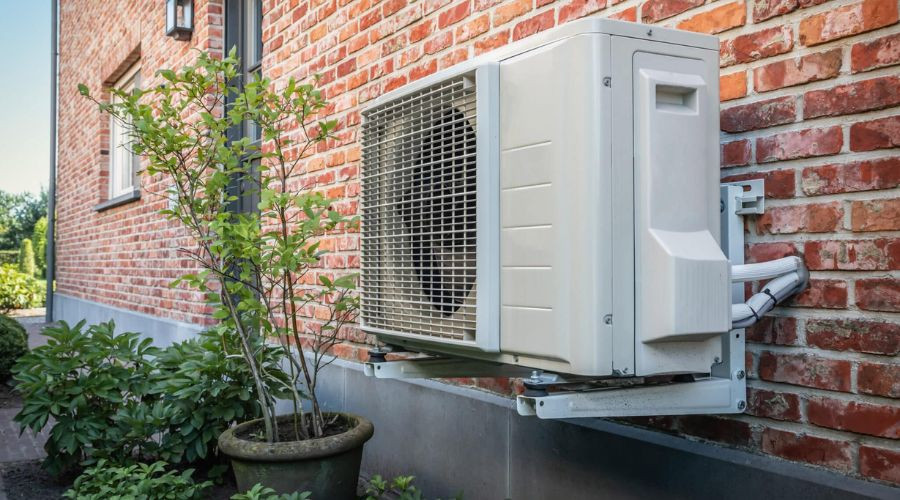 Air conditioning unit on a brick wall near a green plant, showcasing HVAC service installation by Air Works Heating & Air.