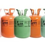 Several color-coded gas cylinders with labels for HVAC refrigerants, showing Air Works Heating & Air services.